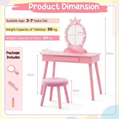 Kids Vanity Set with Lighted Mirror and Adjustable Brightness for Kids Aged 3 to 7 Years Old