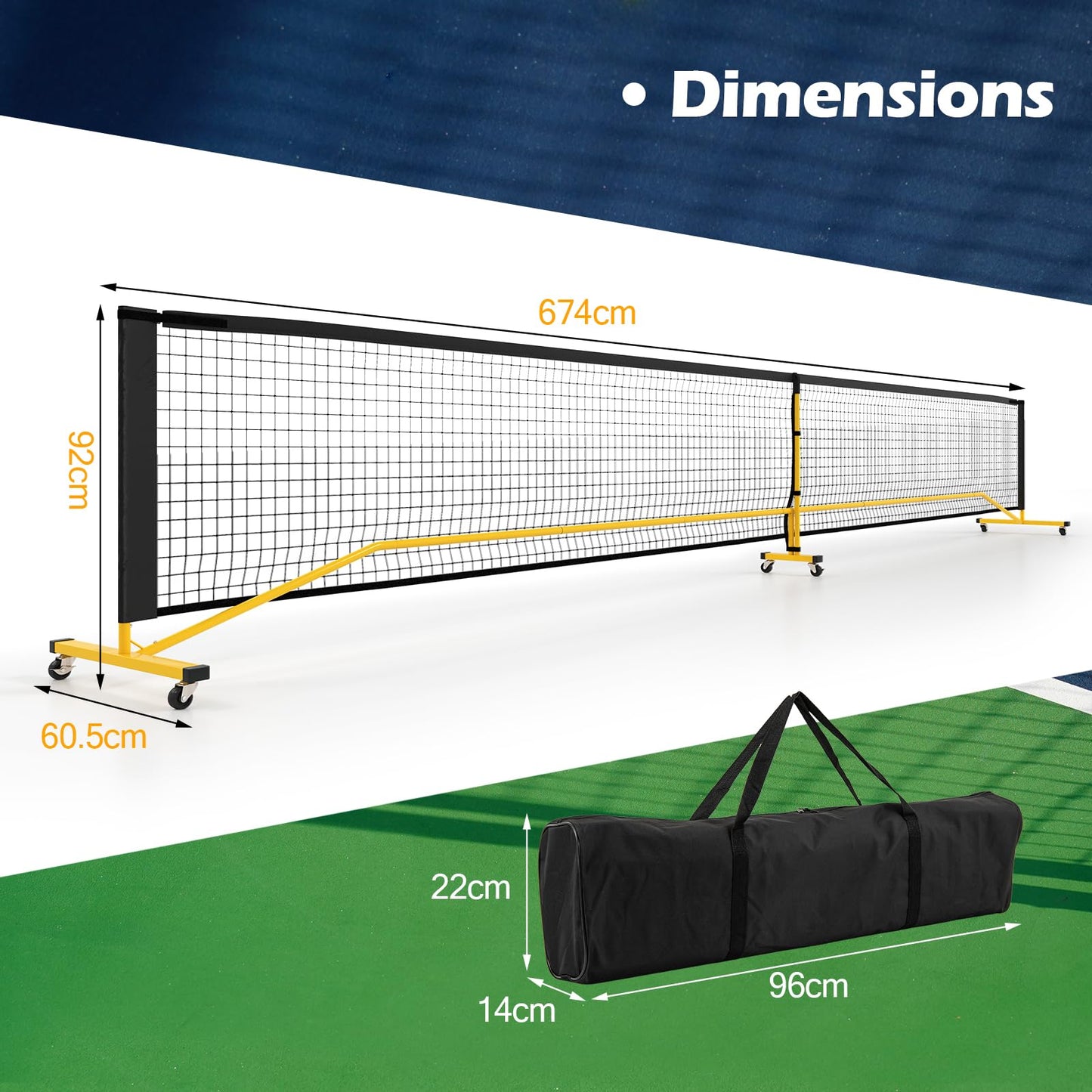Portable Regulation Size Pickle Ball Net System with 6 Lockable Wheels