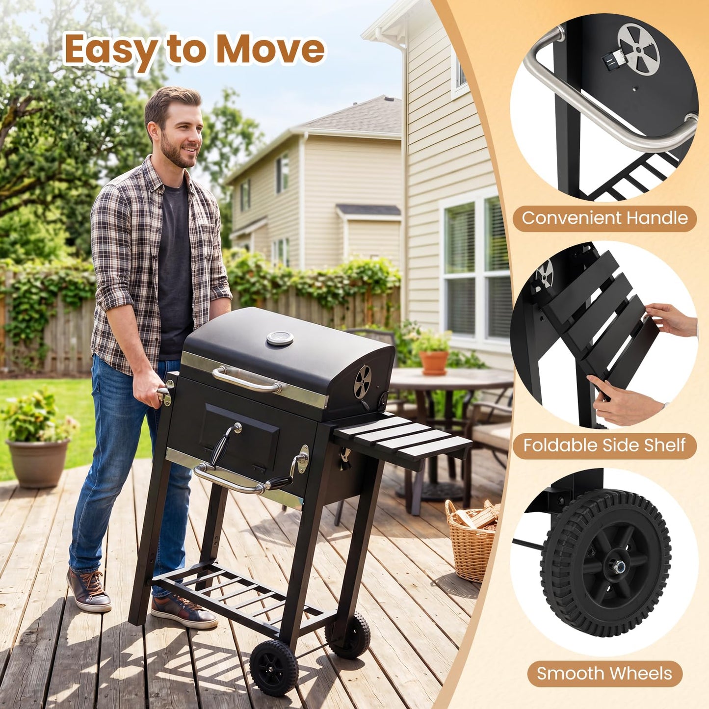 Charcoal Grill with Wheels Portable BBQ Grill with Adjustable Charcoal Tray