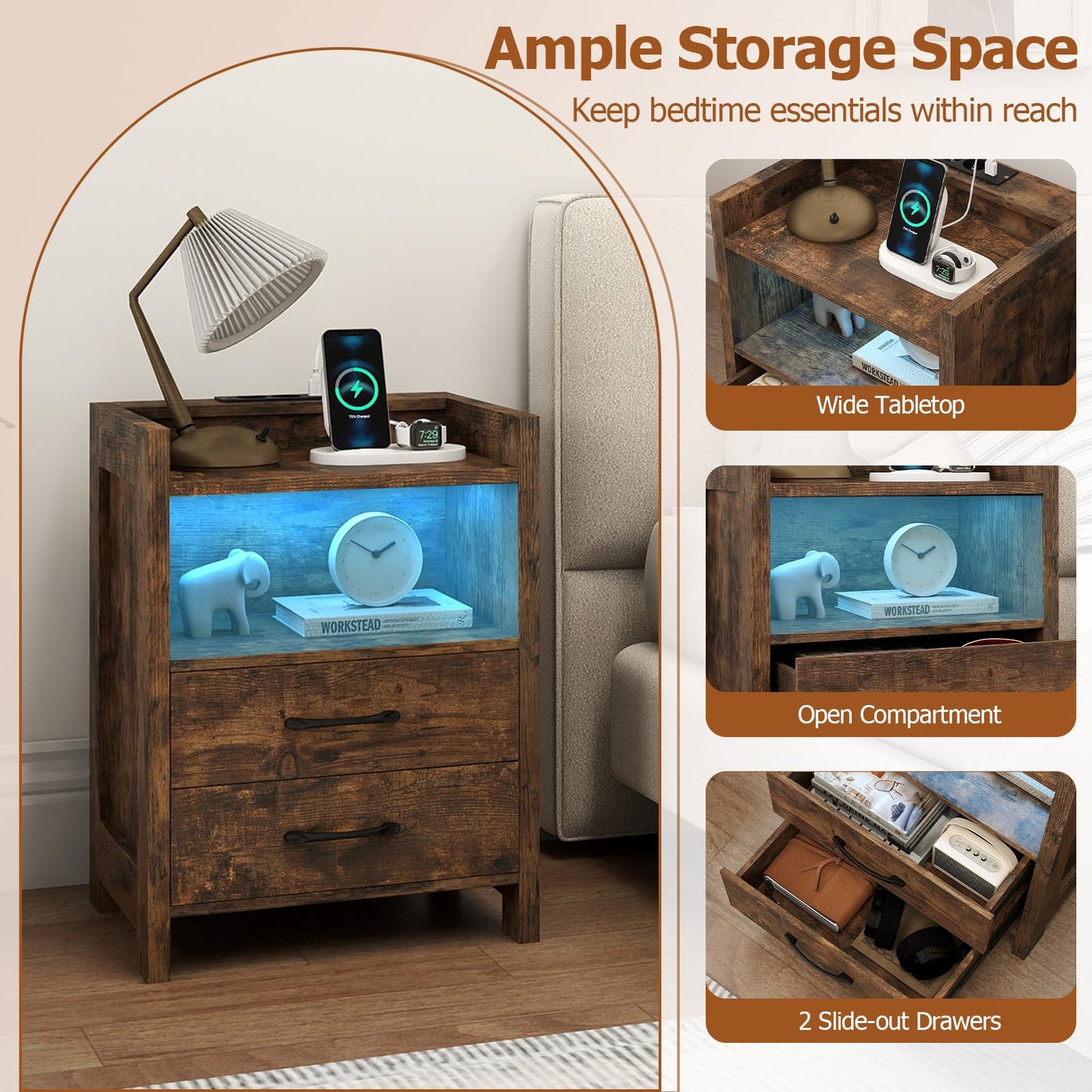 Nightstand with LED Lights and Power Outlets for Living Room