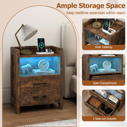 Nightstand with LED Lights and Power Outlets for Living Room