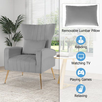 Velvet Upholstered Wingback Chair with Lumbar Pillow and Golden Metal Legs