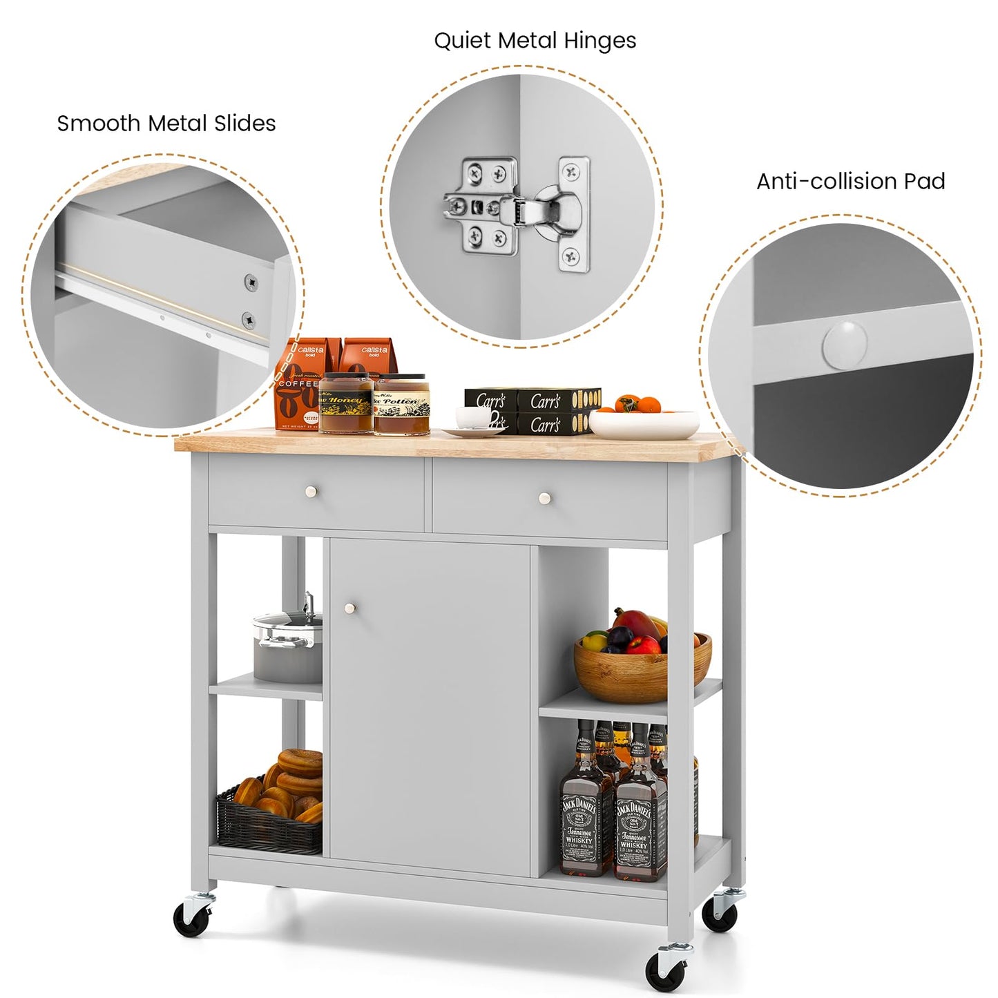 Mobile Kitchen Island Cart Rolling Kitchen Island with Rubber Wood Top