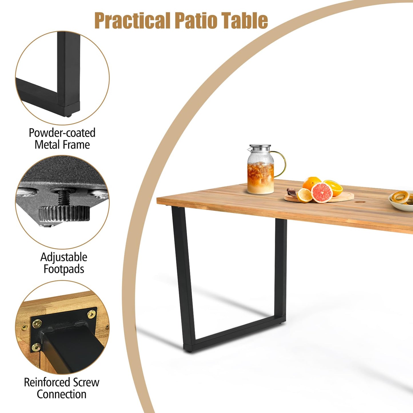 175 x 80cm Patio Rectangle Dining Table for 6 Person with Umbrella Hole