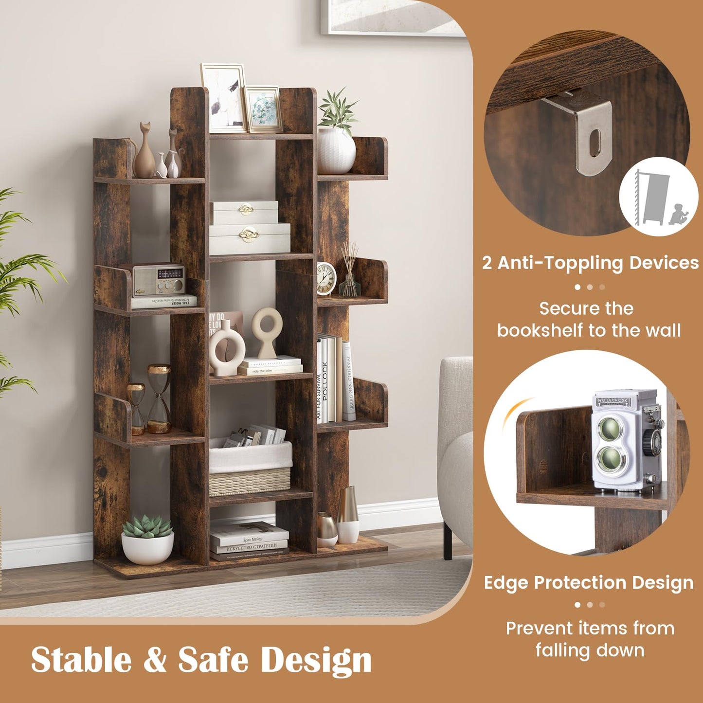 Tree Bookshelf Corner Books Storage Organizer with 13 Open Shelves
