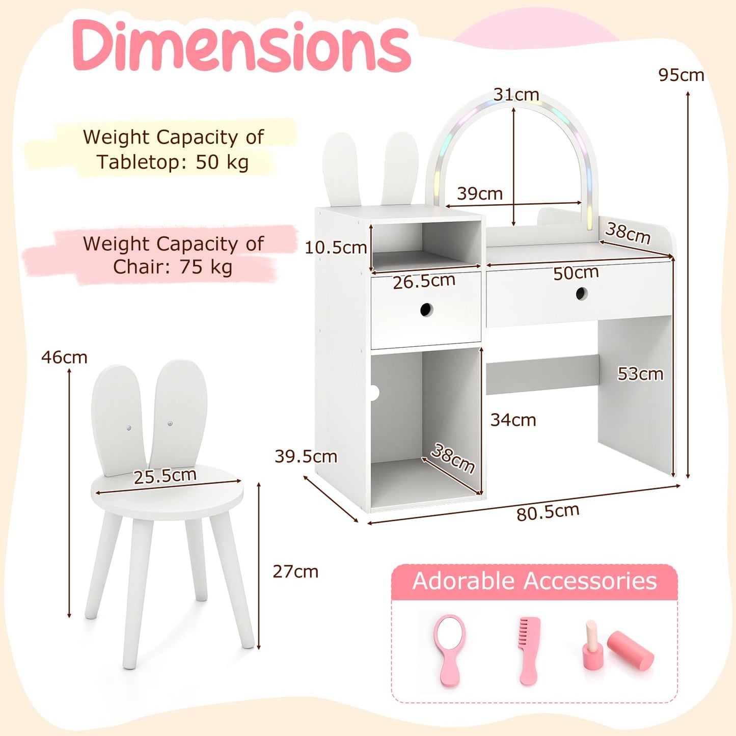 Bunny Kids Vanity Table and Chair Set with Lighted Mirror