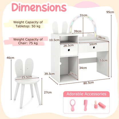 Bunny Kids Vanity Table and Chair Set with Lighted Mirror