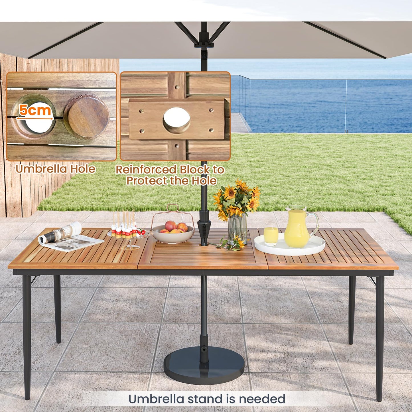 8-Seater 2m Acacia Wood Picnic Table with Slat Tabletop