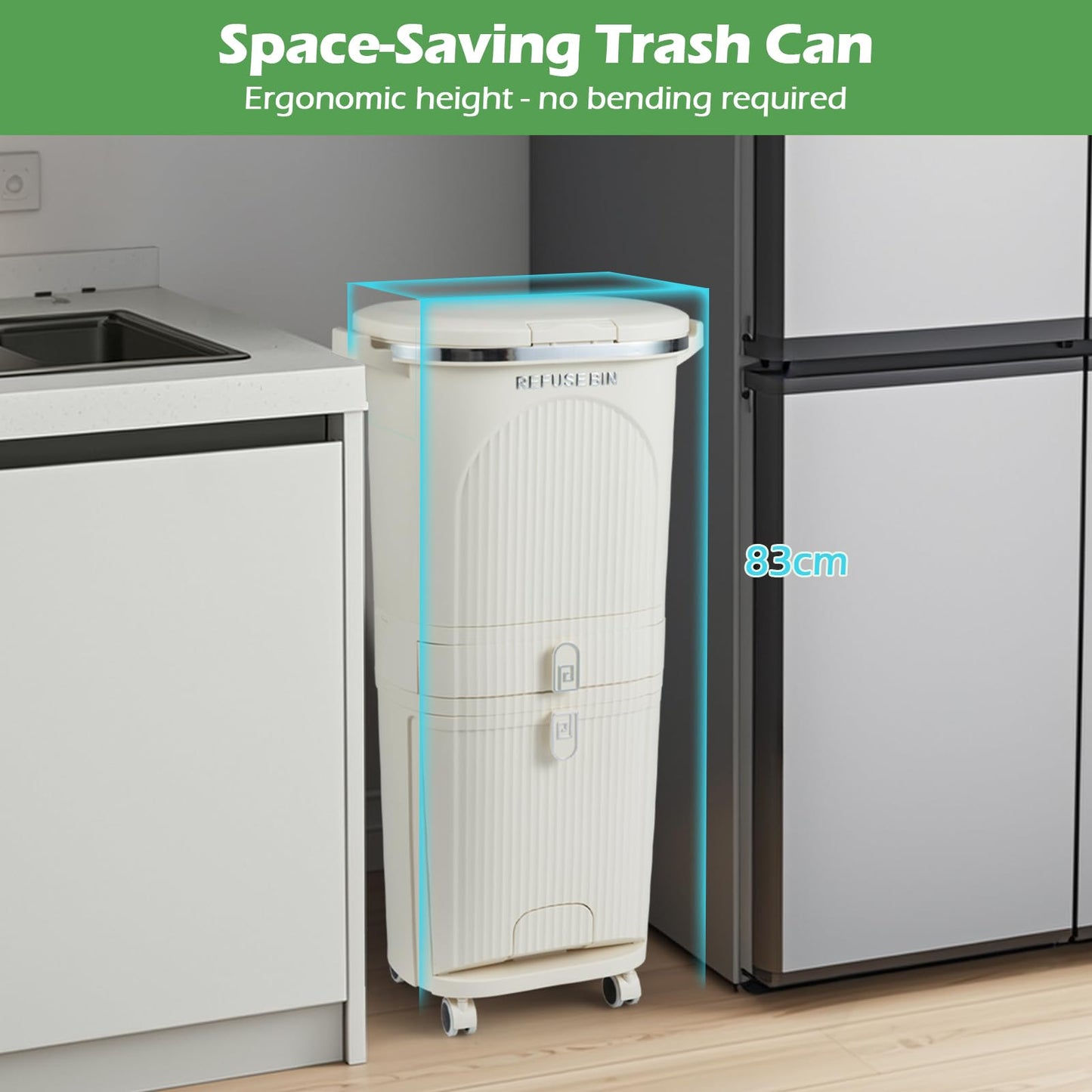Recycling Bins, 42L Dry and Wet Separation Trash Can with 3 Compartments, Wheels, Stickers & Handl