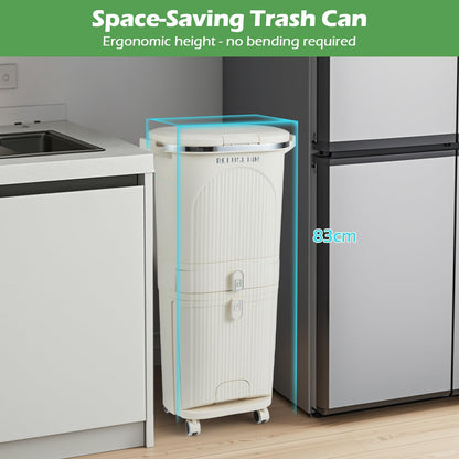 Recycling Bins, 42L Dry and Wet Separation Trash Can with 3 Compartments, Wheels, Stickers & Handl