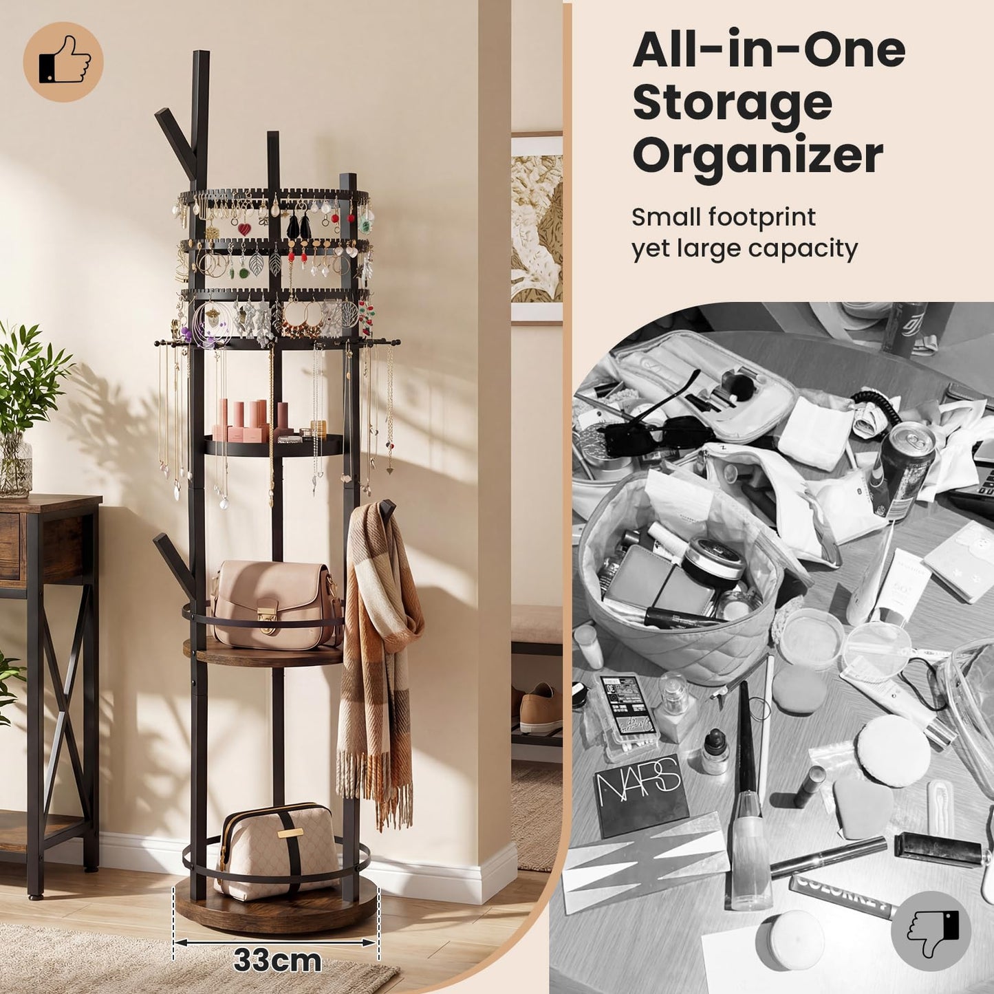 Jewelry Organizer Stand, 360° Rotating Floor Standing Jewelry Storage Rack