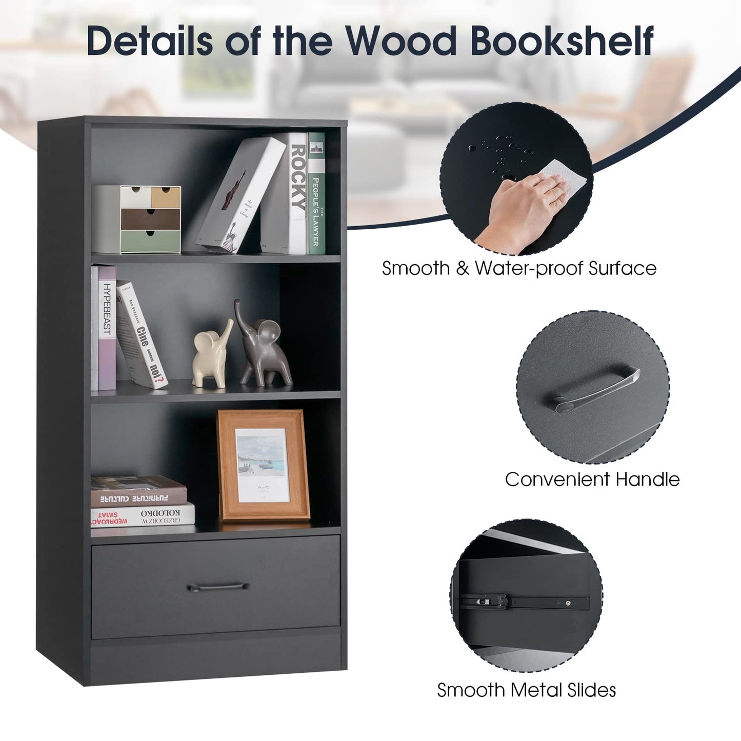 Wooden Storage Bookshelf Cabinet with 3 Tier Open Shelves and Drawer