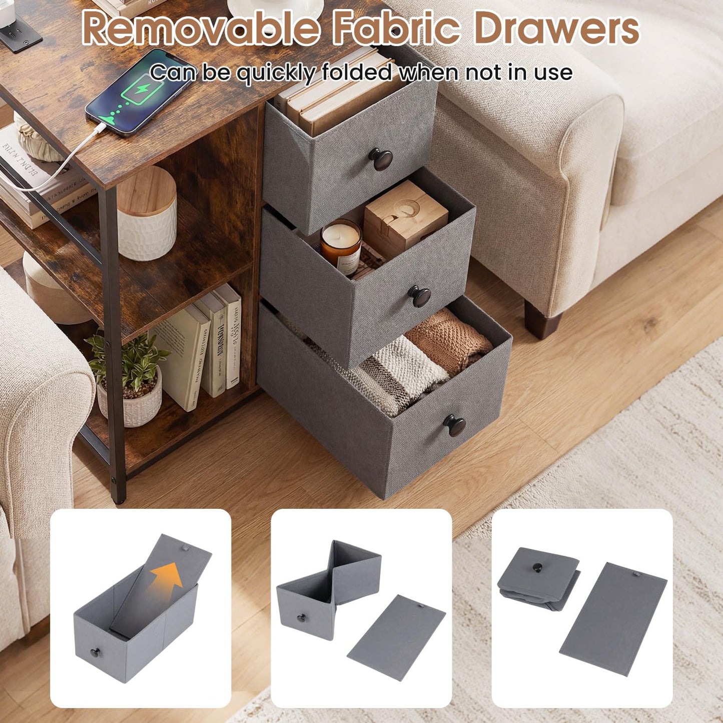 Side Table with Charging Station, Industrial Nightstand Bedside Cabinet