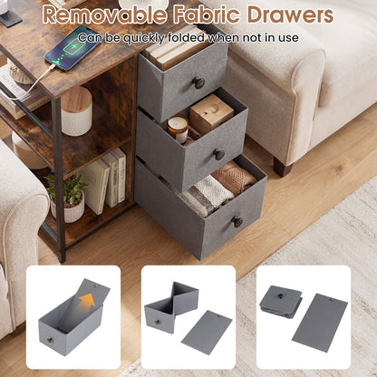 Side Table with Charging Station, Industrial Nightstand Bedside Cabinet