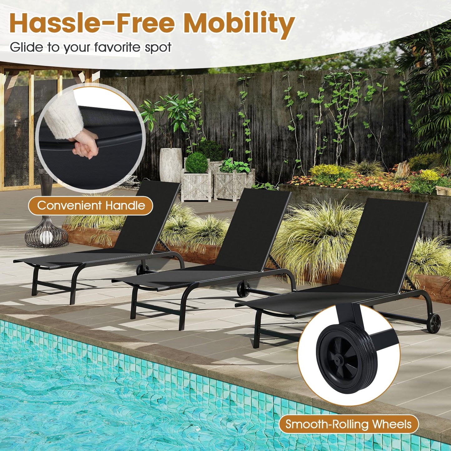 Garden Sun Lounger with Wheels, 6 Positions Adjustable Outdoor Chaise Lounge Chair