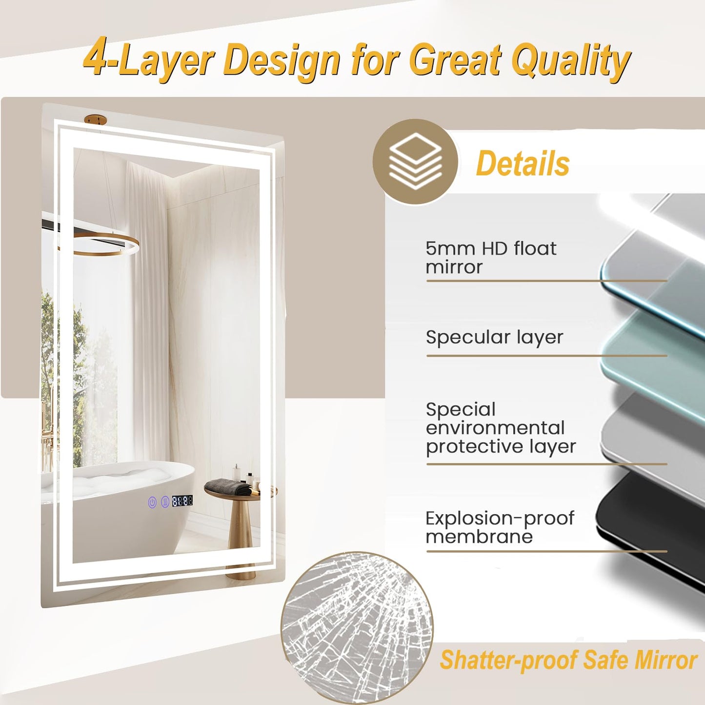 Anti-Fog Bathroom Led Vanity Mirror with 3 Colors 3000-6500K