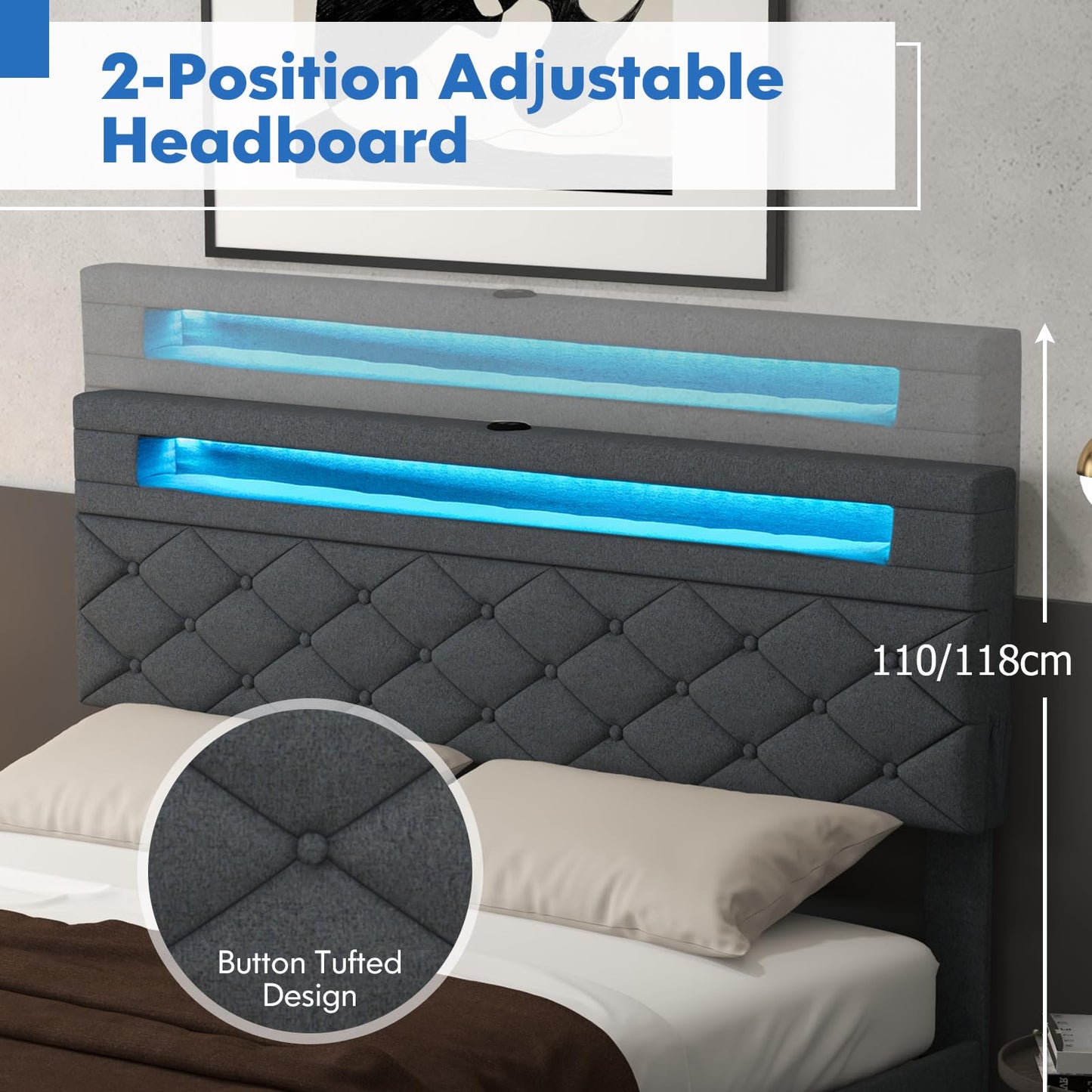 Modern Upholstered Bed Frame with Led Lights and Charging Station