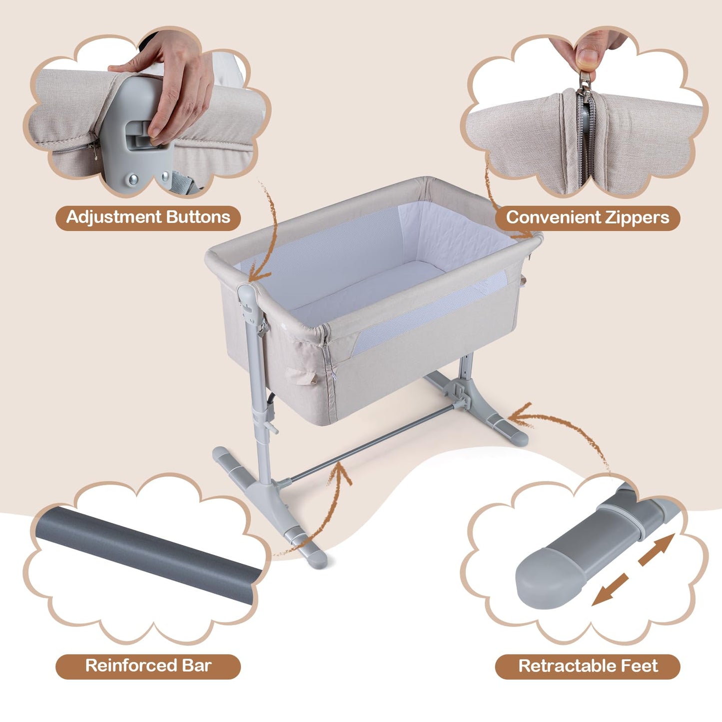 Baby Bedside Crib, 4-Level Height Adjustable Bassinet Crib (Beige) | Portable Newborn Bedside Sleeper
