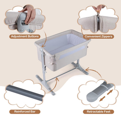 Baby Bedside Crib, 4-Level Height Adjustable Bassinet Crib (Beige) | Portable Newborn Bedside Sleeper