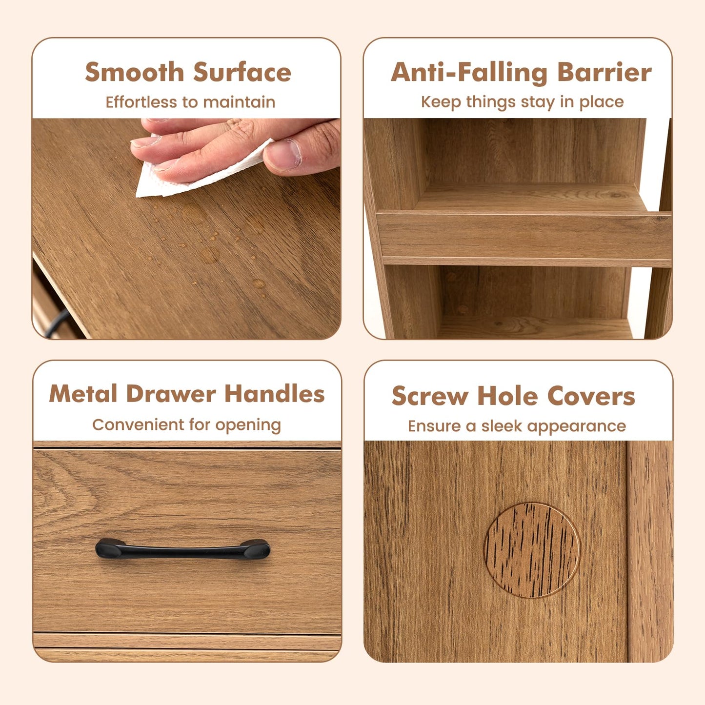 Bedside Table with Charging Station, Rolling Nightstand End Sofa Side Table