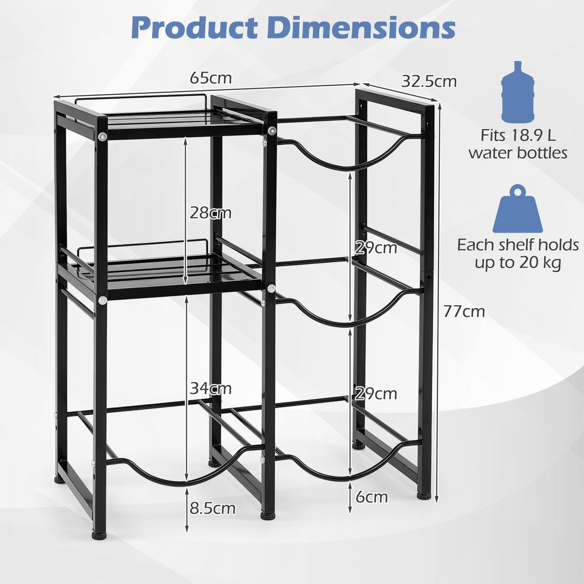 3-Tier 18.9 L Water Jug Holder with Shelves for Home Kitchen Office