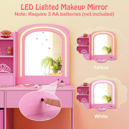 Kids Vanity Set with Lighted Mirror and Storage Drawers