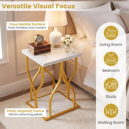 2-Tier Sofa Side Table, Faux Marble End Table with Storage Shelf