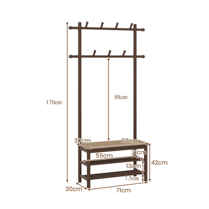 Bamboo Coat Rack PE Rattan Hall Tree with Bench and Shoe Storage
