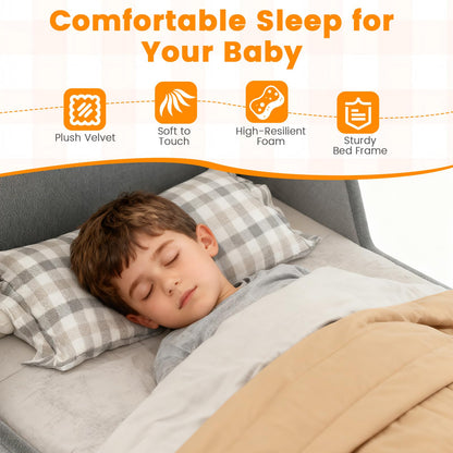 Kids Bed Frame, Soft Velvet Fabric Upholstered Children Floor Bed