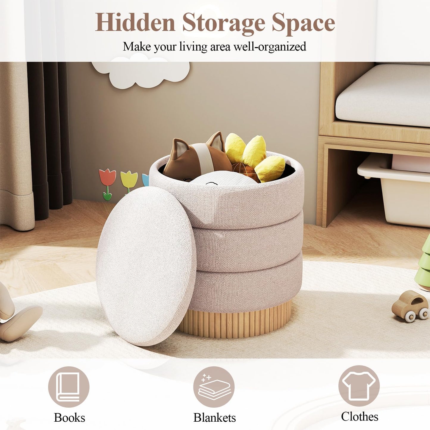 Modern Round Storage Ottoman with Removable Lid and Solid Wood Base