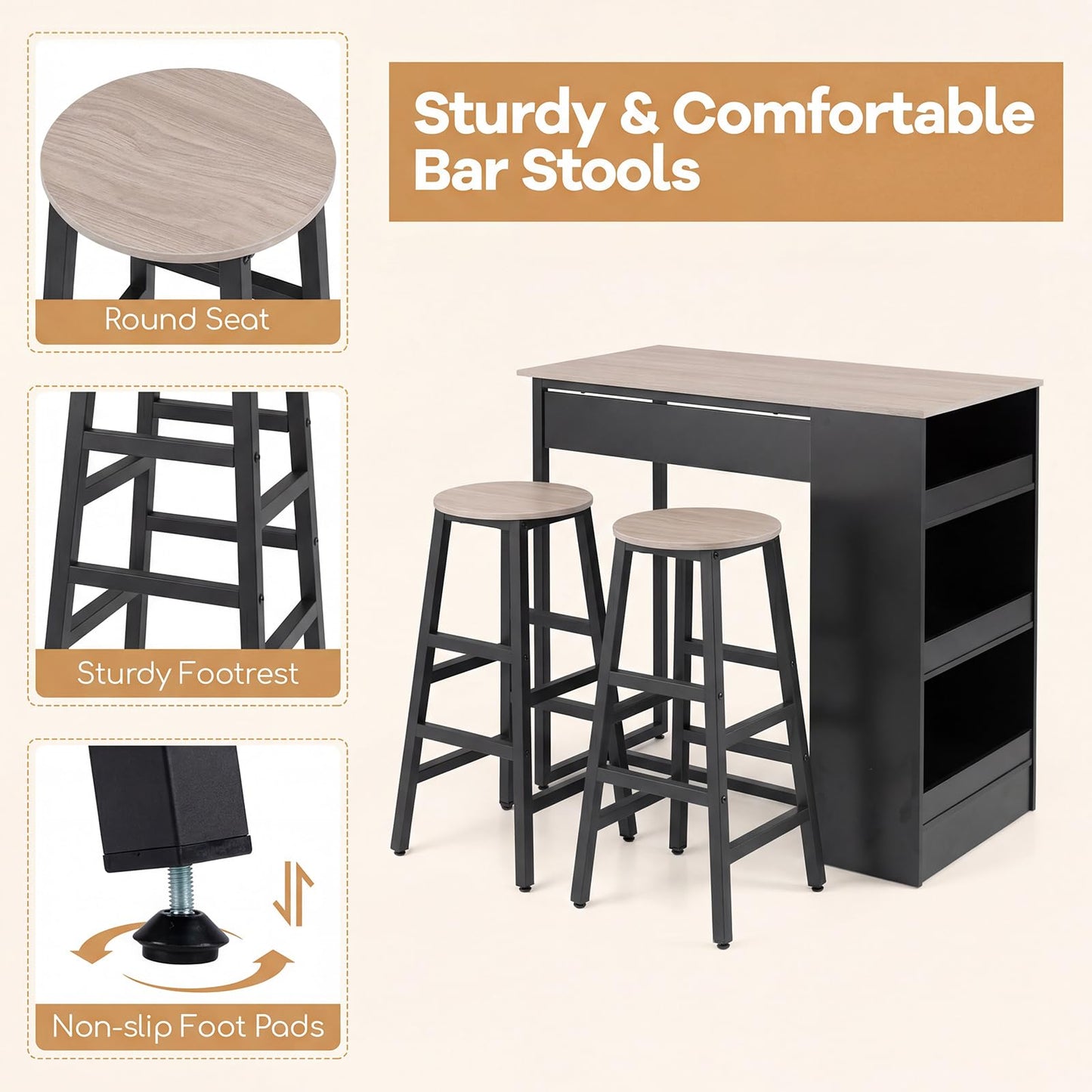 3 Piece Bar Table Set, Dining Table and 2 Stools with 3-Tier Side Shelves & Footrest