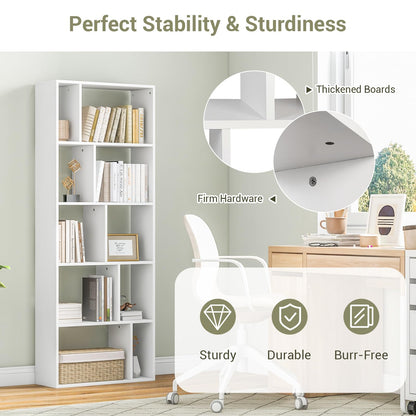 Wood Bookshelf with 10 Compartments Home Study Living Room