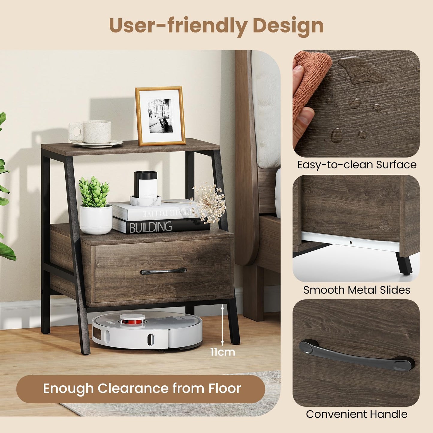 Farmhouse Nightstand End Sofa Side Table with Drawer and Storage Shelf