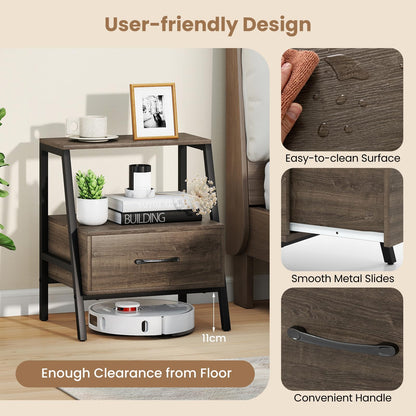 Farmhouse Nightstand End Sofa Side Table with Drawer and Storage Shelf