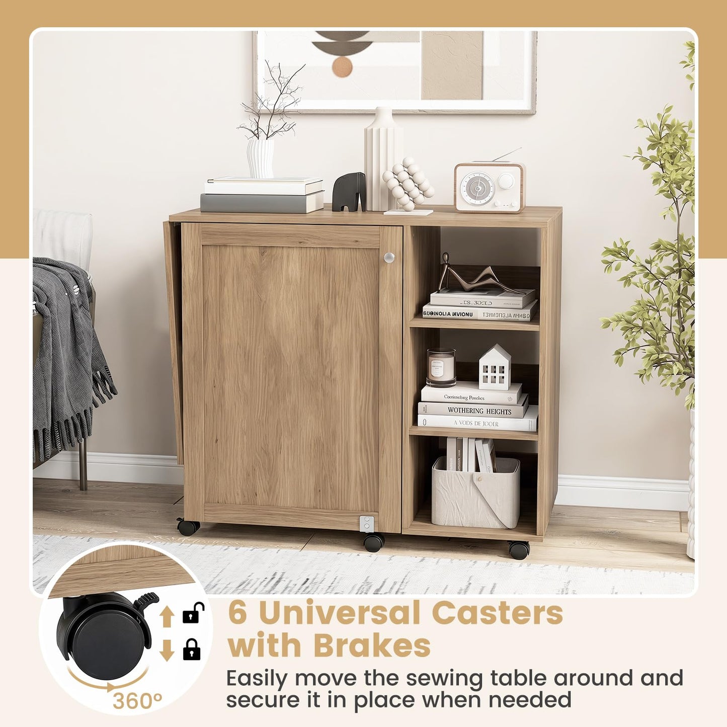 Folding Sewing Table, Rolling Craft Table Hobby Desk with Storage Shelves