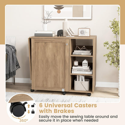 Folding Sewing Table, Rolling Craft Table Hobby Desk with Storage Shelves