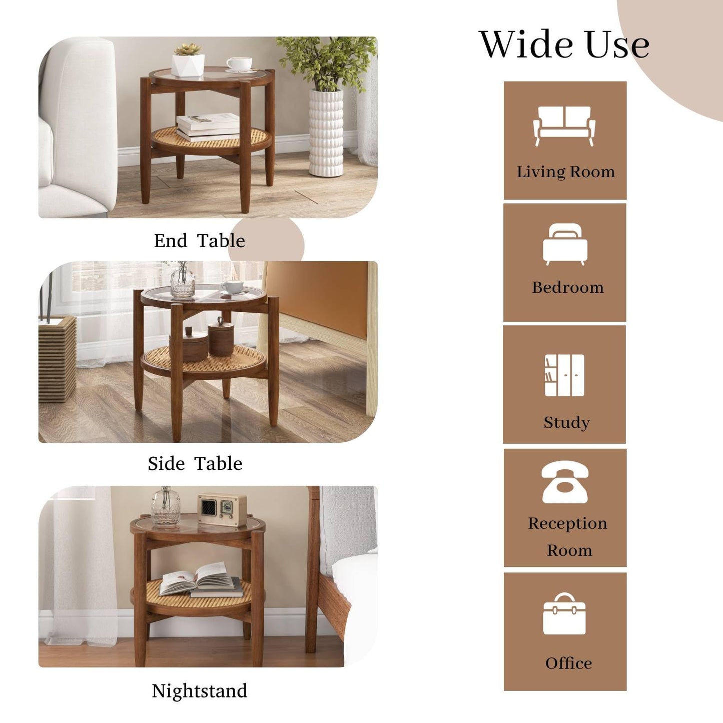 2-Tier PE Rattan Round Side End Table with Tempered Glass Tabletop