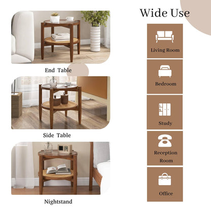 2-Tier PE Rattan Round Side End Table with Tempered Glass Tabletop