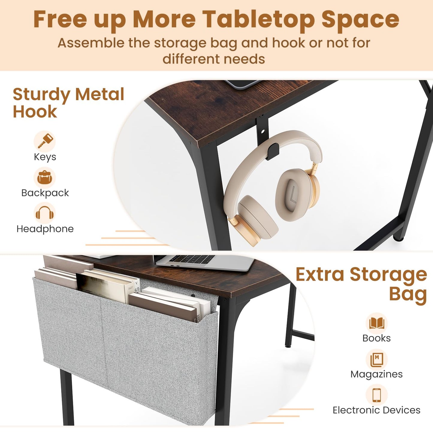 Home Office Desk with Charging Station and Storage Bag