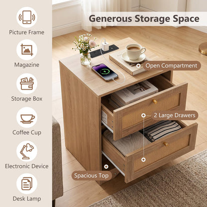 Rattan Bedside Table with Charging Station and LED Lights, Boho Nightstand End Sofa Side Table