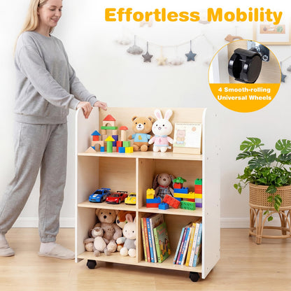 3-Tier Bookshelf for Kids with Wheels Double-sided Book Display