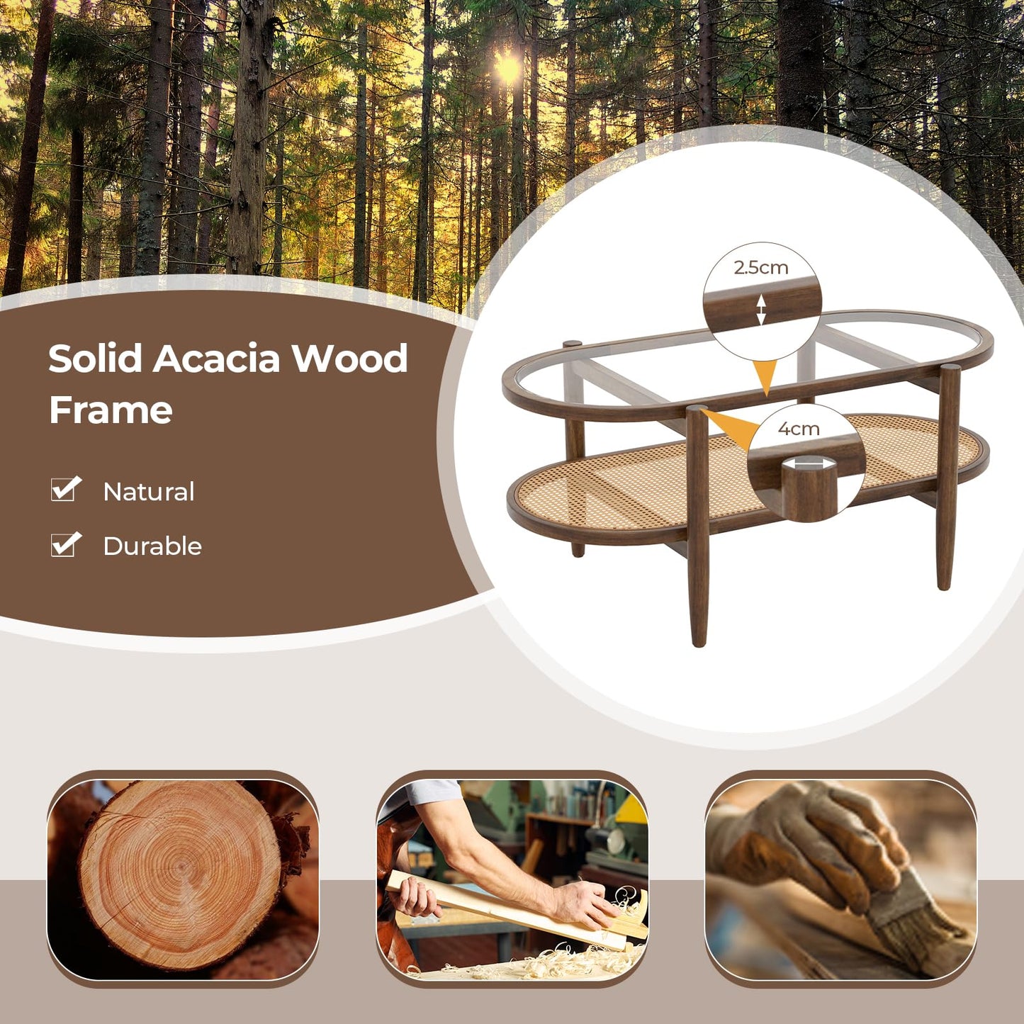 Tempered Glass Cocktail Snack Tea Center Table with PE Rattan Storage Shelf