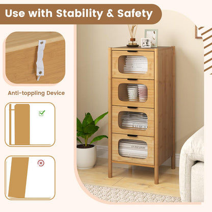 4 Drawer Dresser Bamboo Storage Cabinet with Fluted Tempered Glass Drawers