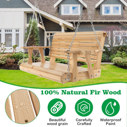149cm Wooden Porch Swing with Cup Holders Outdoor Hanging Bench