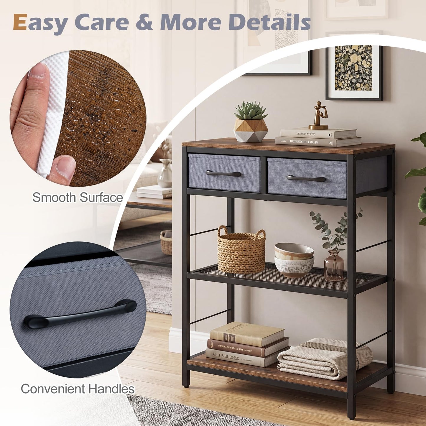 3-Tier Narrow Console Table with 2 Fabric Drawers and Open Shelves
