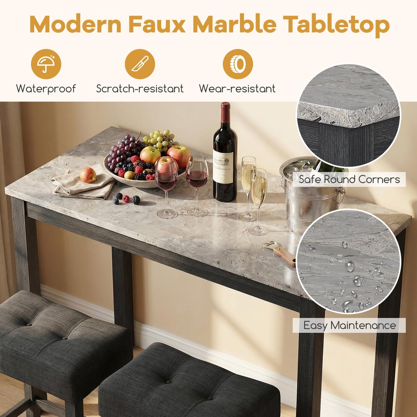 Bar Table Set with 2 Stools, 3 Pieces Breakfast Bar Set with Power Outlets