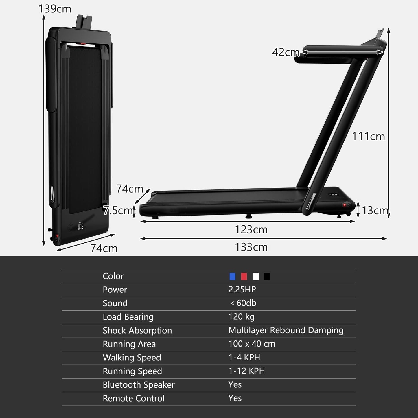 2.25 HP Foldable Treadmill 3 in 1 Walking Pad Under Desk Treadmill