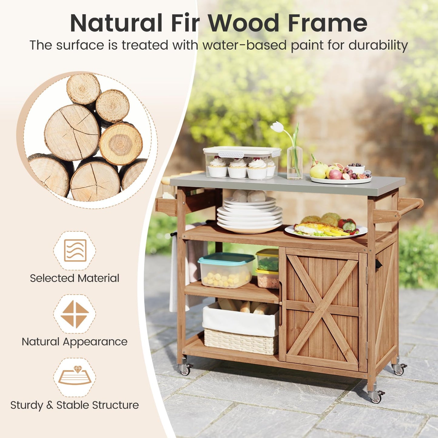 Wooden Grill Cart with Storage Outdoor Kitchen Island with Stainless Steel Top