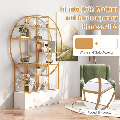 6-Tier Gold Bookshelf with 2 Storage Drawers Staggered Shelves