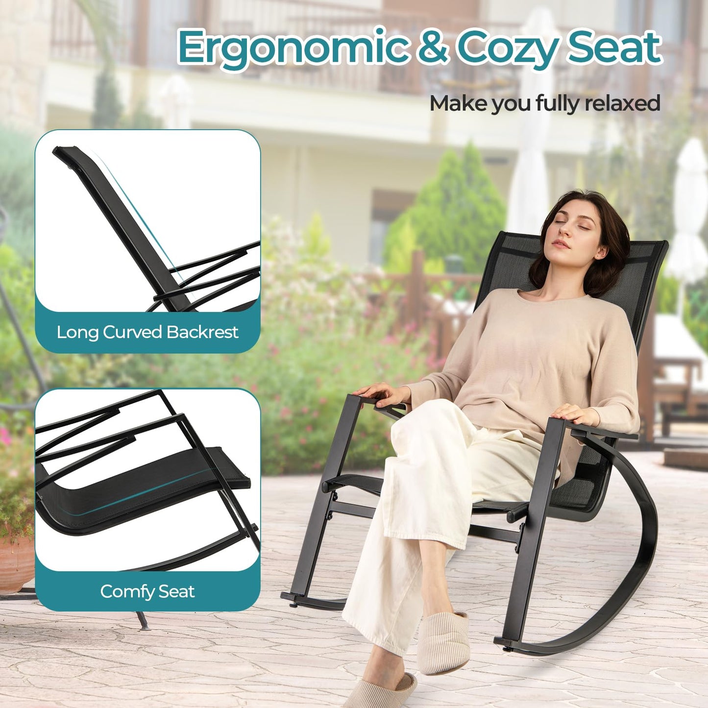 2 Pieces Outdoor Rocking Armchairs Relax Porch Rocker with Non-Slip Rubber Mats